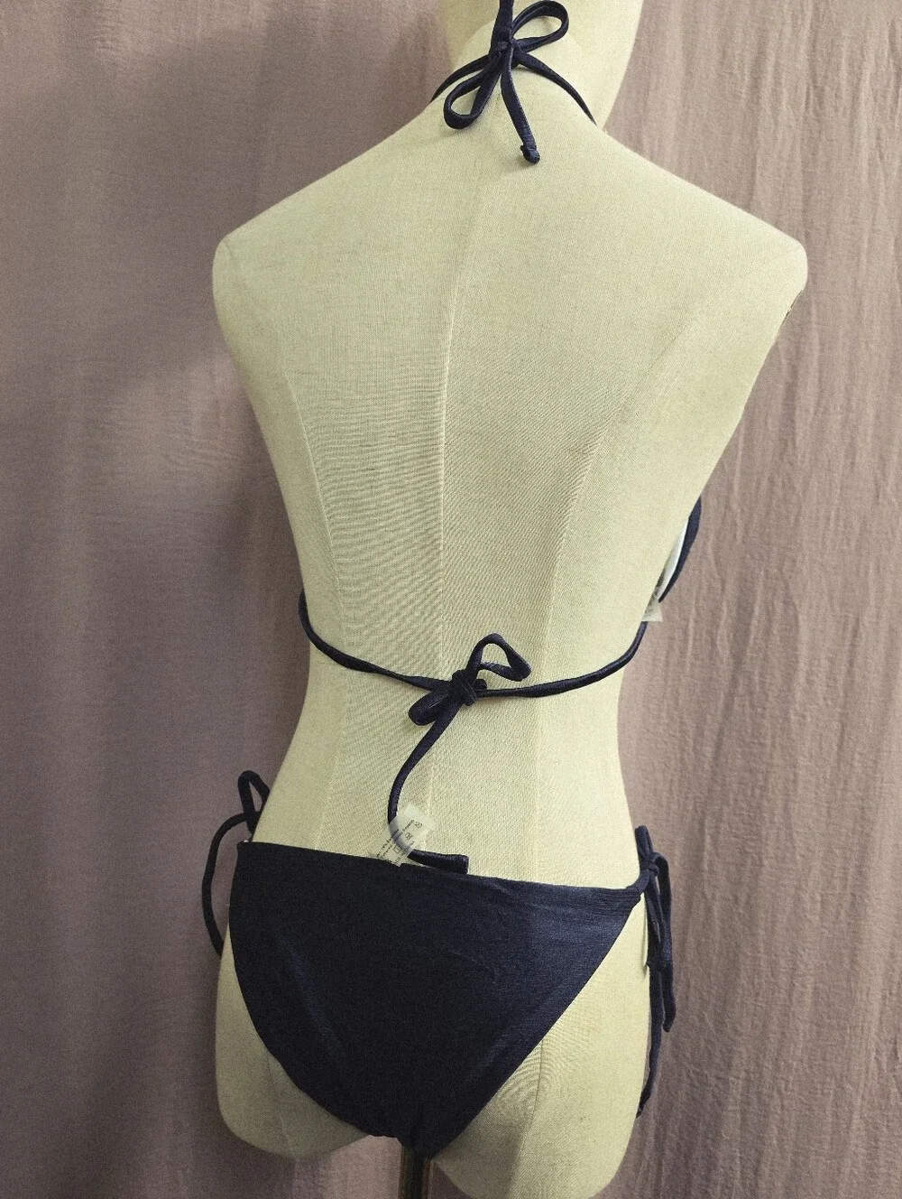 Shein 3Pc Texture Satin Halter Triangle & Side Tie Bikini Set- Navy, Medium